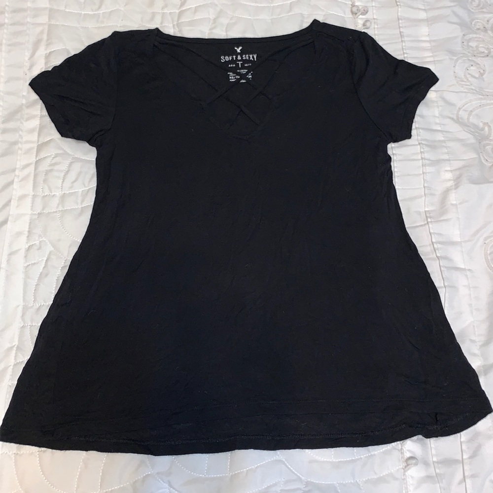 American Eagle black shirt with crisscross neck